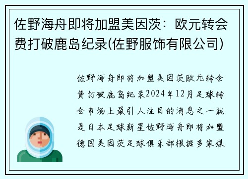 佐野海舟即将加盟美因茨：欧元转会费打破鹿岛纪录(佐野服饰有限公司)