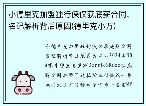 小德里克加盟独行侠仅获底薪合同，名记解析背后原因(德里克小万)