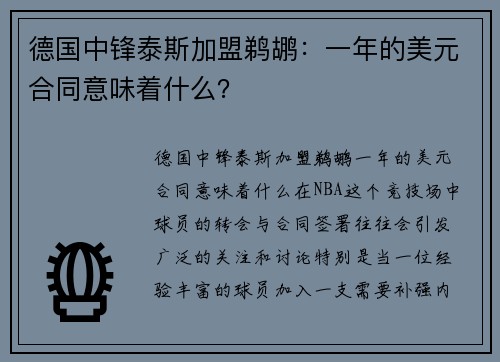 德国中锋泰斯加盟鹈鹕：一年的美元合同意味着什么？