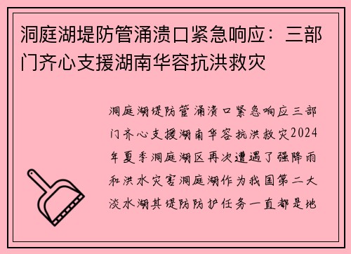 洞庭湖堤防管涌溃口紧急响应：三部门齐心支援湖南华容抗洪救灾