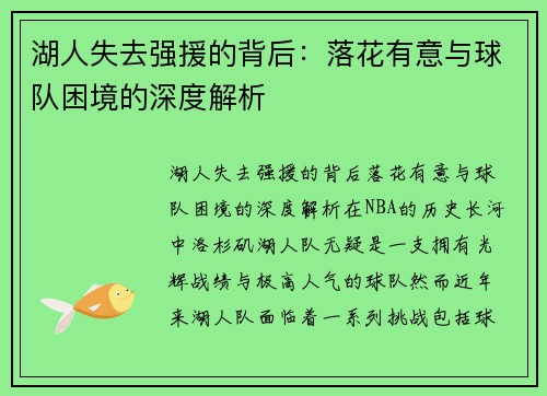 湖人失去强援的背后：落花有意与球队困境的深度解析