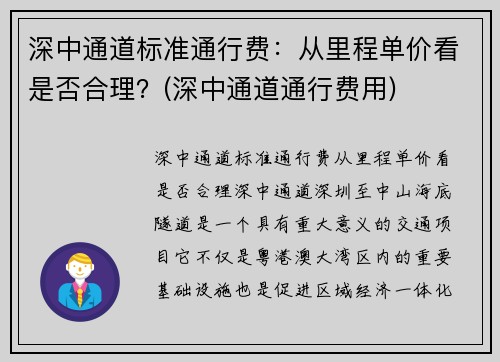 深中通道标准通行费：从里程单价看是否合理？(深中通道通行费用)