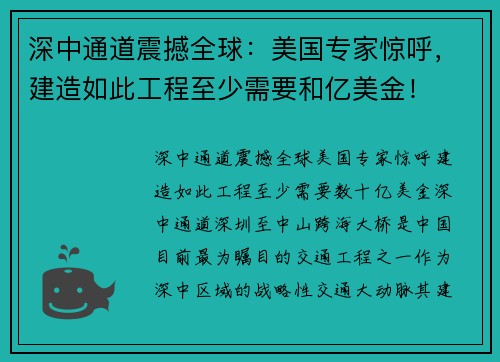 深中通道震撼全球：美国专家惊呼，建造如此工程至少需要和亿美金！