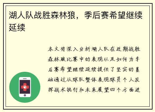 湖人队战胜森林狼，季后赛希望继续延续