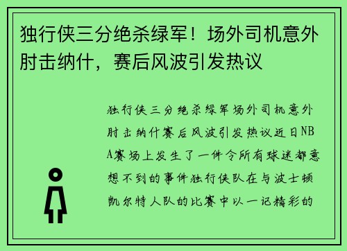 独行侠三分绝杀绿军！场外司机意外肘击纳什，赛后风波引发热议