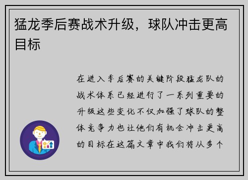 猛龙季后赛战术升级，球队冲击更高目标