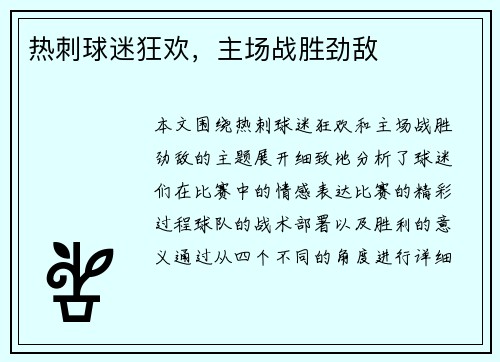热刺球迷狂欢，主场战胜劲敌