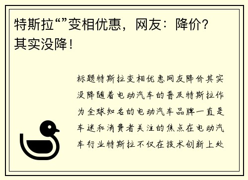 特斯拉“”变相优惠，网友：降价？其实没降！