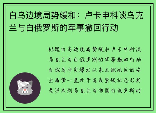 白乌边境局势缓和：卢卡申科谈乌克兰与白俄罗斯的军事撤回行动