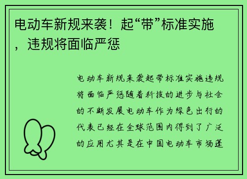 电动车新规来袭！起“带”标准实施，违规将面临严惩