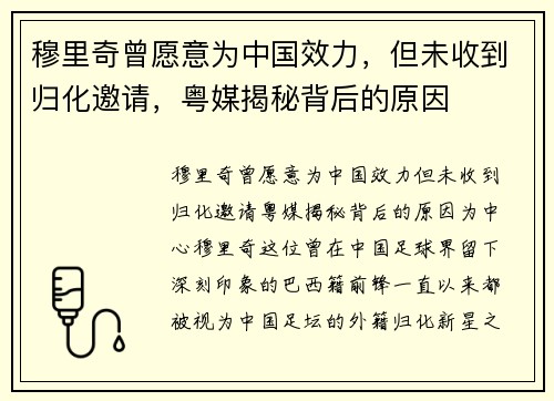 穆里奇曾愿意为中国效力，但未收到归化邀请，粤媒揭秘背后的原因