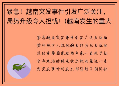紧急！越南突发事件引发广泛关注，局势升级令人担忧！(越南发生的重大事件)