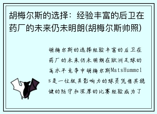 胡梅尔斯的选择：经验丰富的后卫在药厂的未来仍未明朗(胡梅尔斯帅照)
