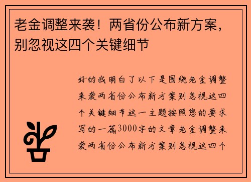 老金调整来袭！两省份公布新方案，别忽视这四个关键细节